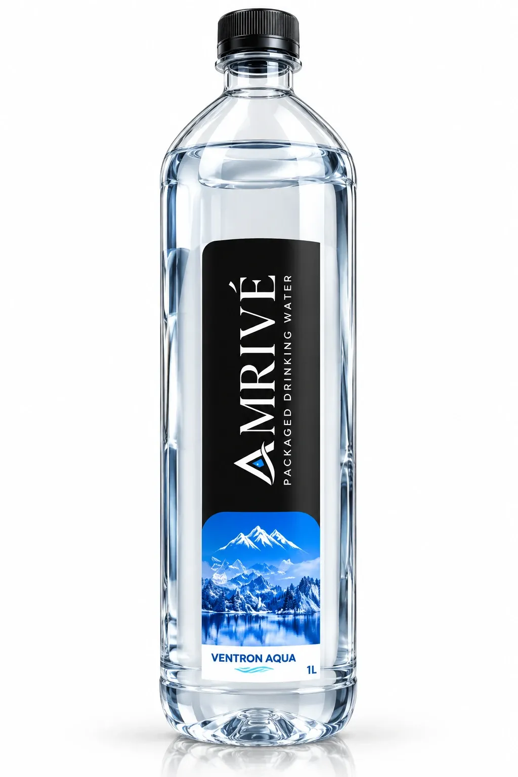 Amrivé branded packaged drinking water bottle with mountain motif