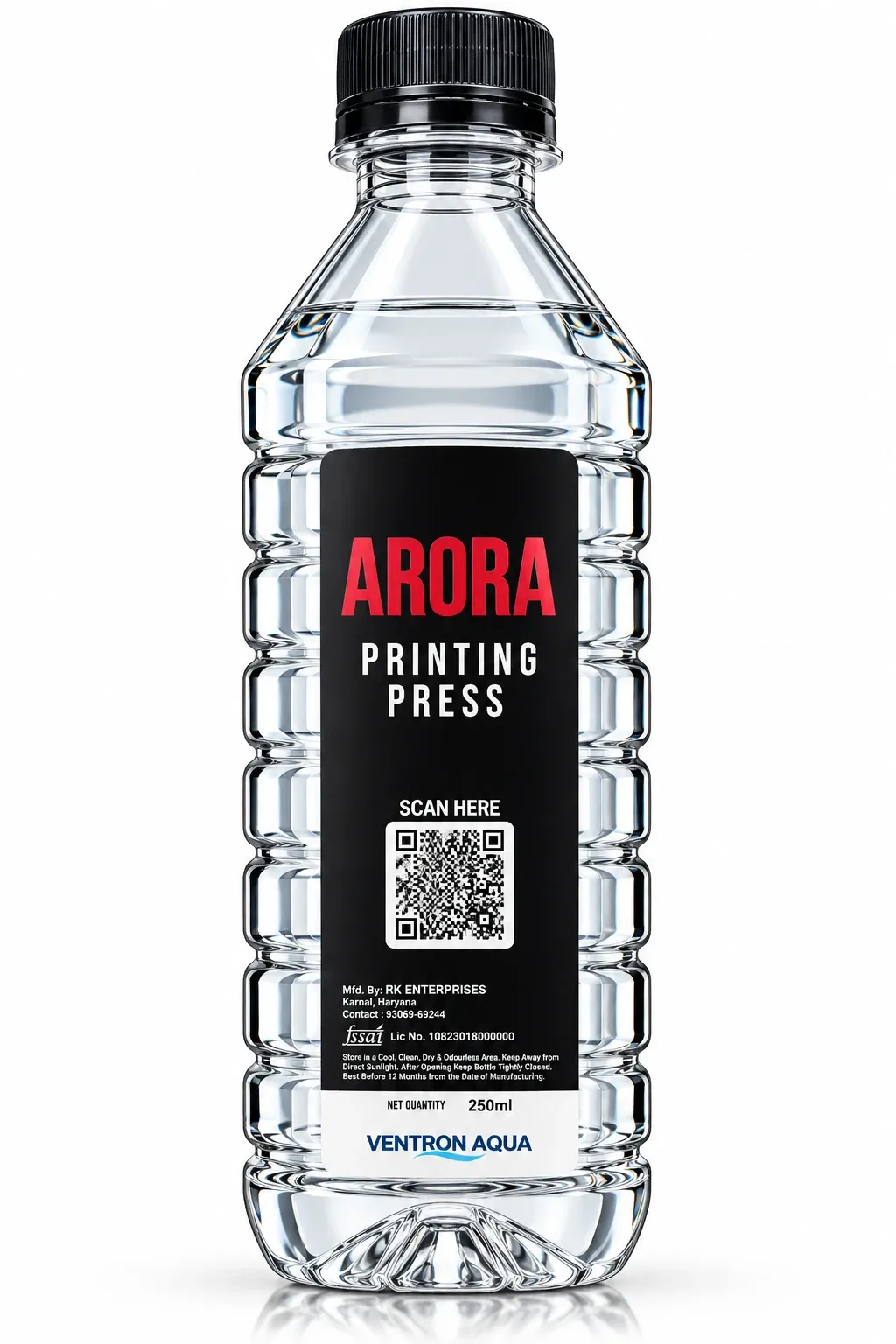 Arora Printing Press branded water bottle with QR code label