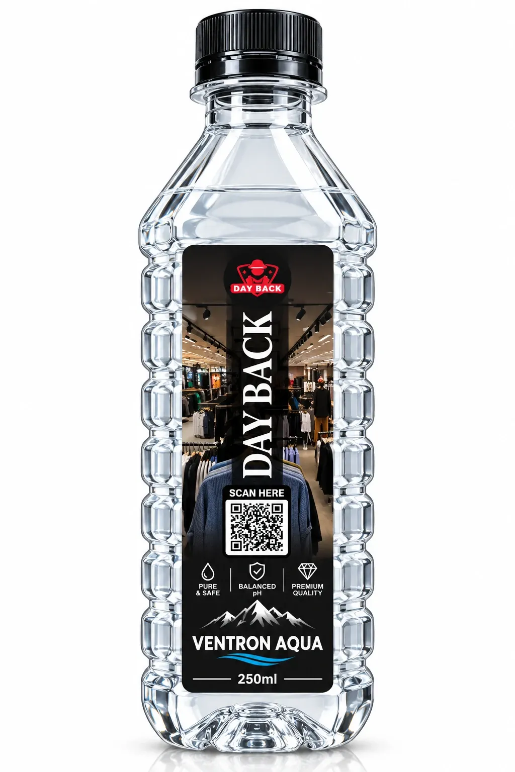 Day Back branded water bottle for a clothing store with QR code