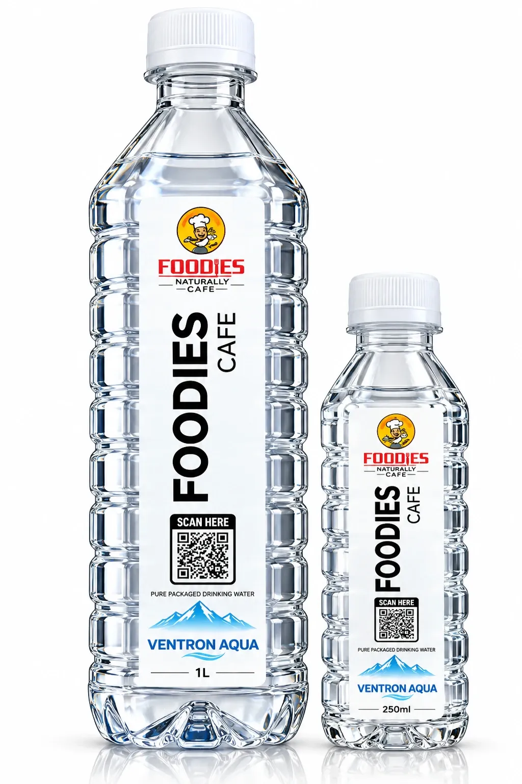 Foodies Café branded water bottles, 1 litre and 250ml, on grass background