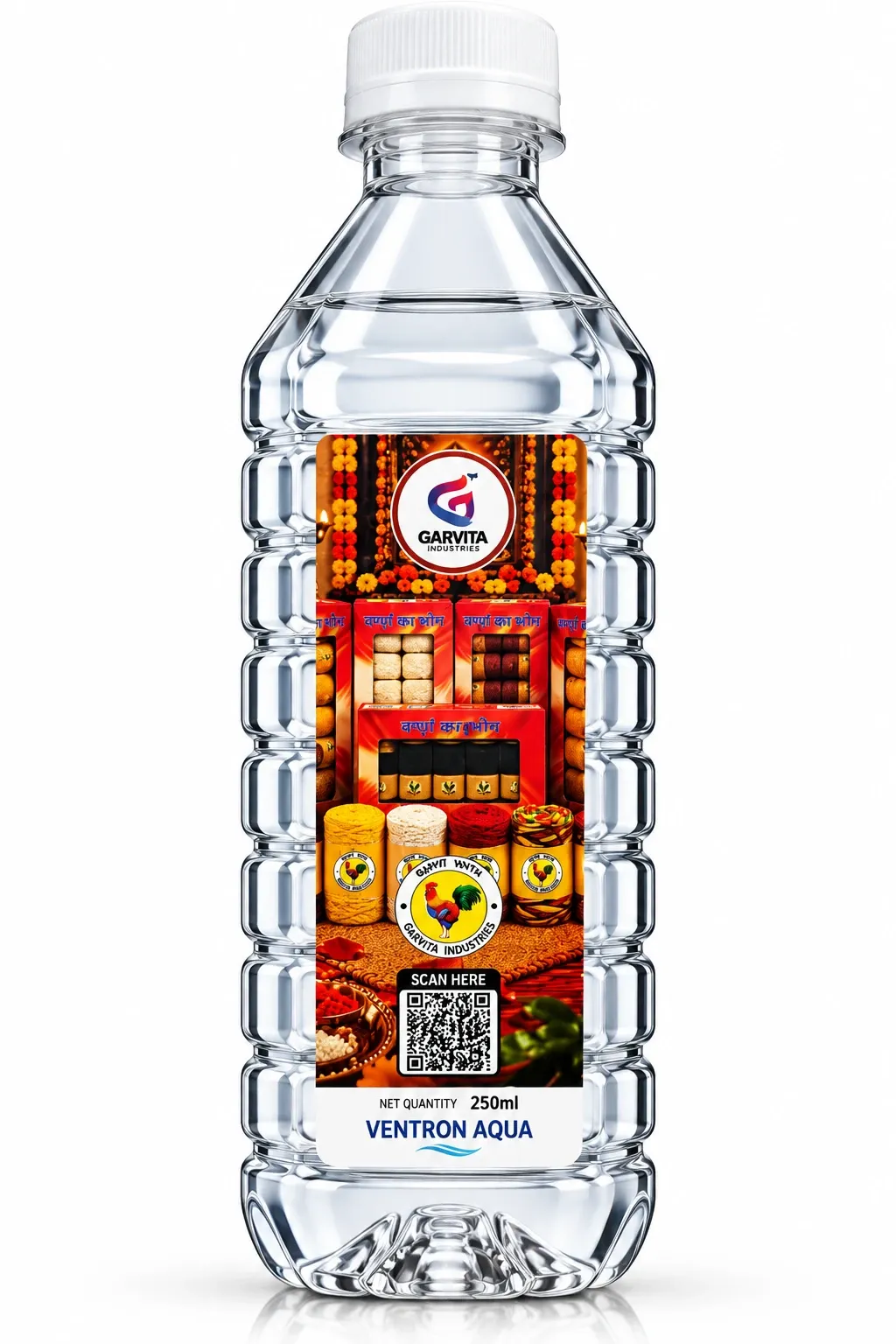 Garvita Industries branded water bottle with festive food product packaging