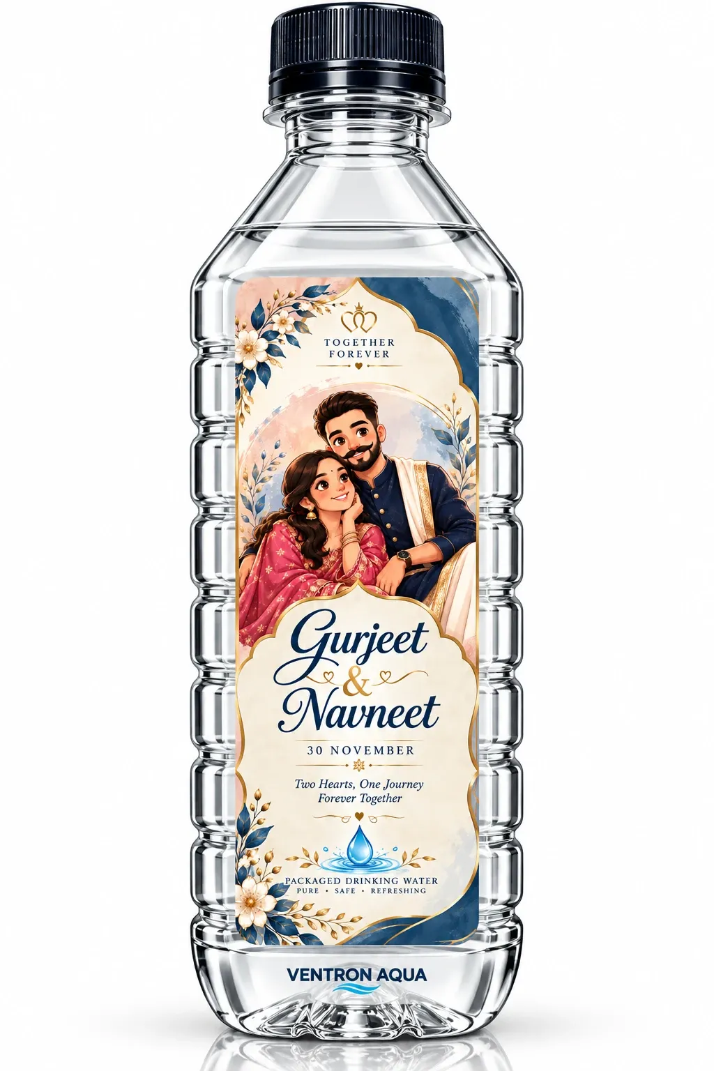 Gurjeet & Navneet wedding customized water bottle with illustrated couple portrait