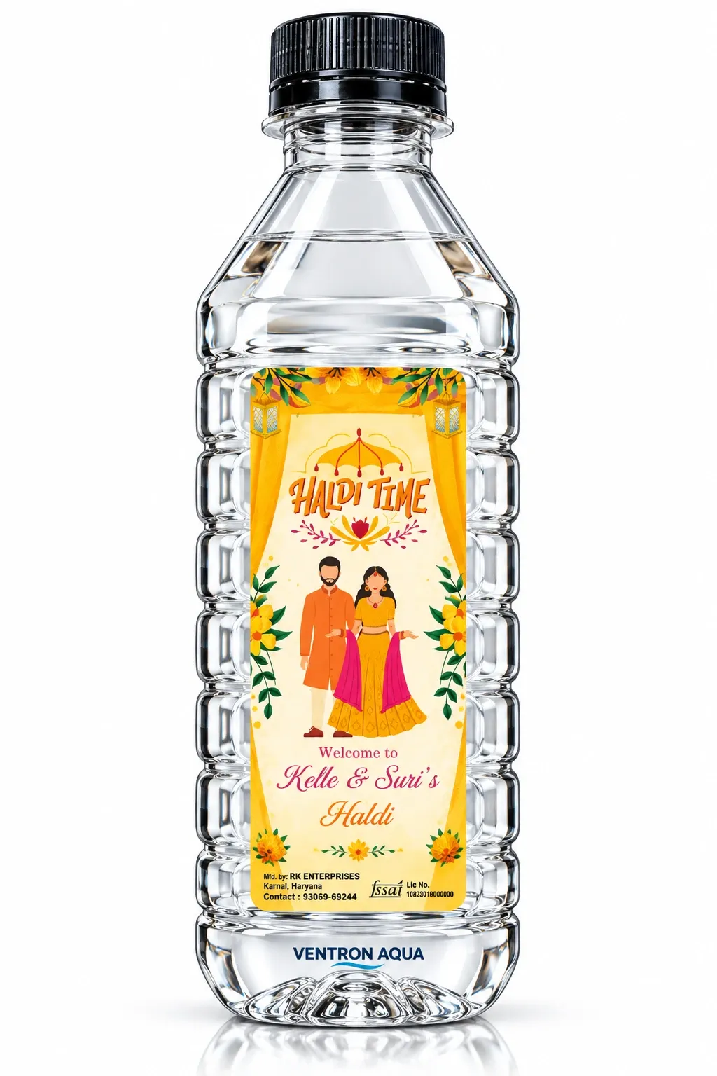 Haldi Time customized water bottle for Kelle & Suri's haldi ceremony