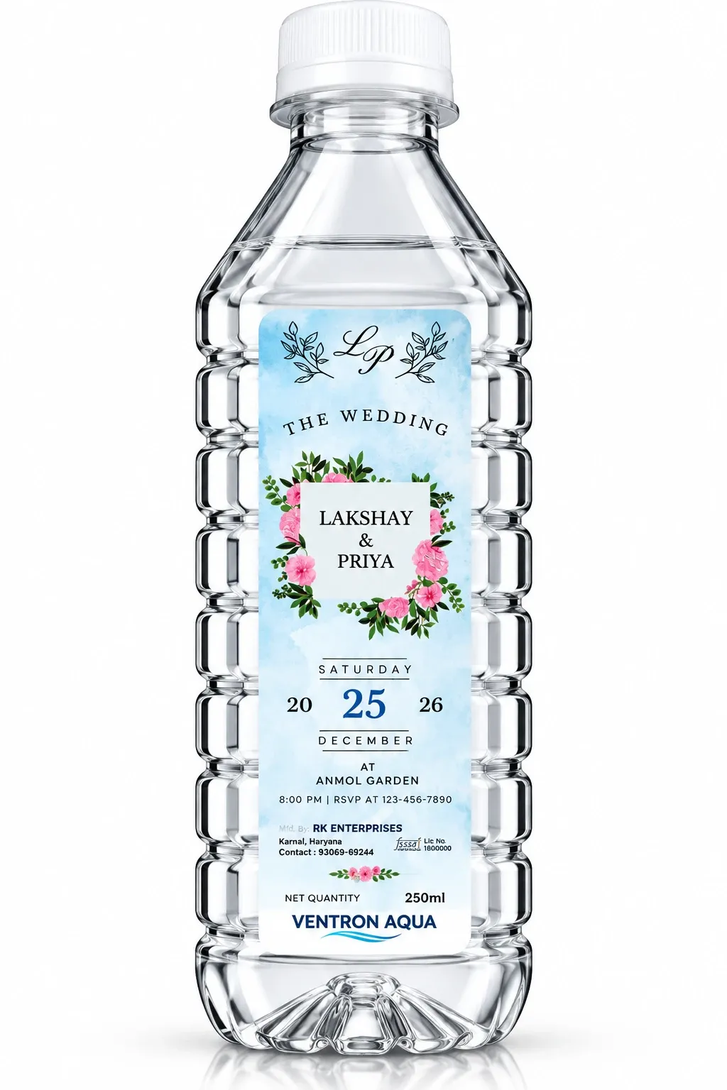 Lakshay & Priya wedding customized water bottle with floral wreath label