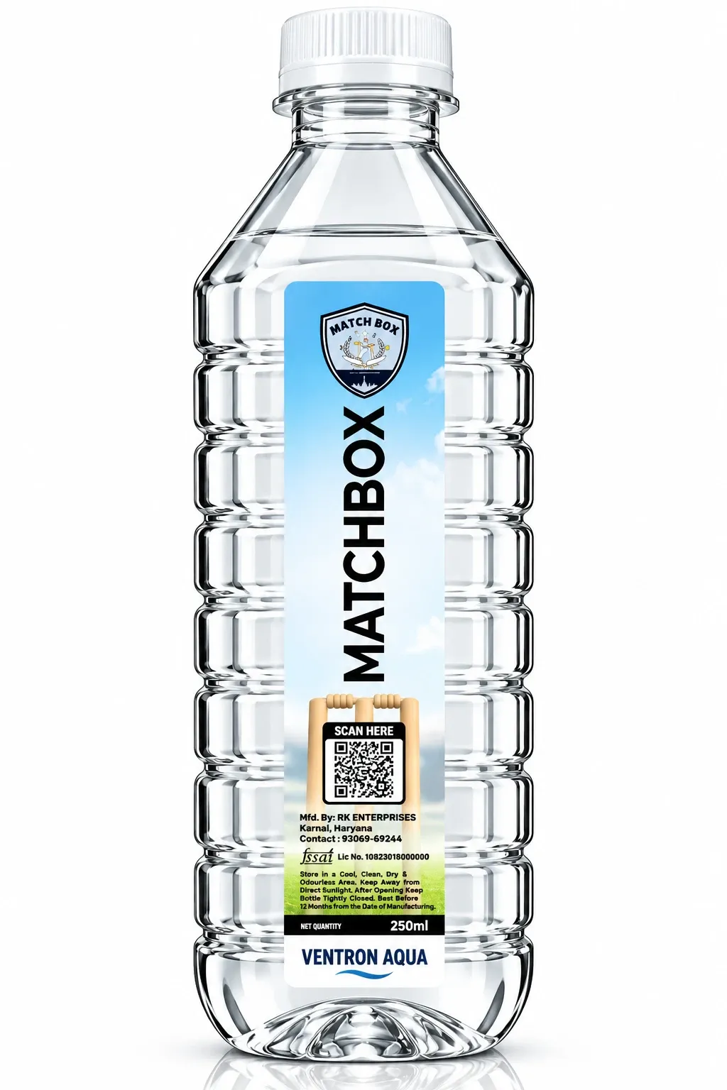 Matchbox branded water bottle with cricket-themed label