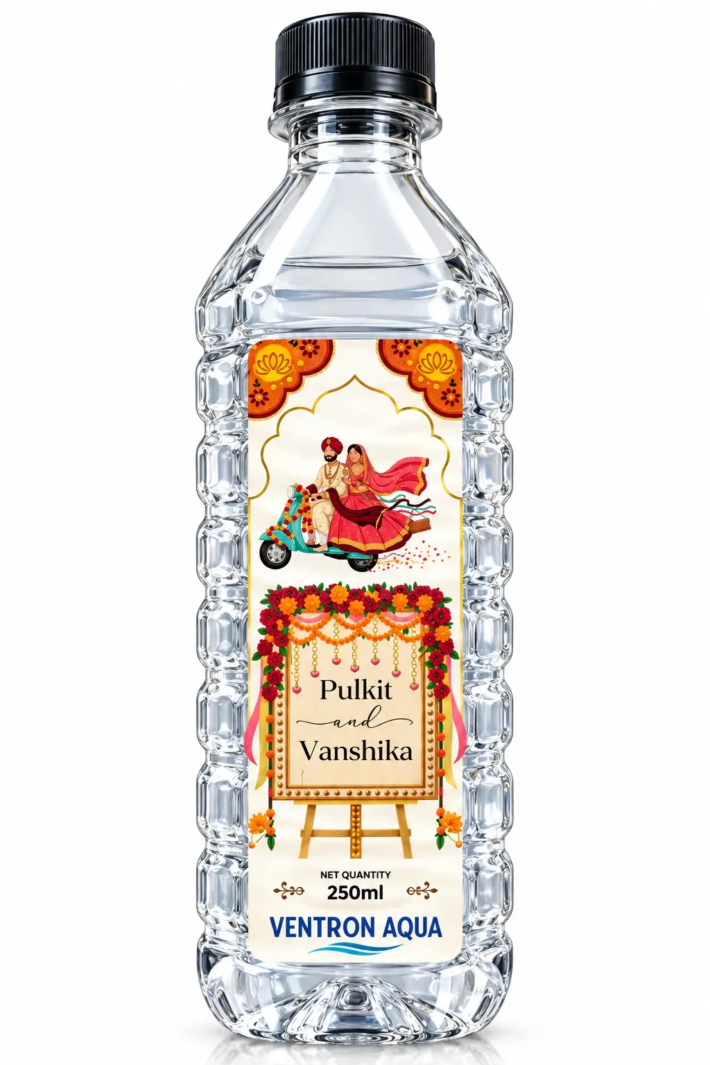 Pulkit and Vanshika wedding water bottle with illustrated baraat scooter design