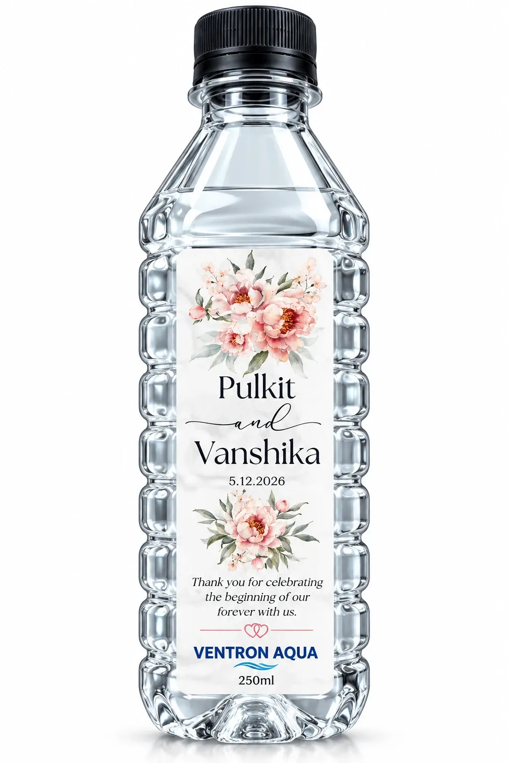 Pulkit and Vanshika wedding water bottle with minimal floral label