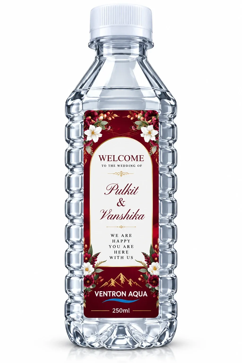 Pulkit and Vanshika wedding welcome water bottle with maroon floral border