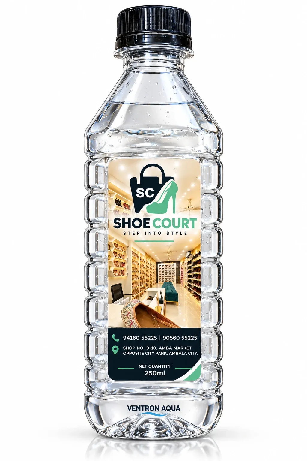 Shoe Court branded water bottle for a footwear store in Ambala City