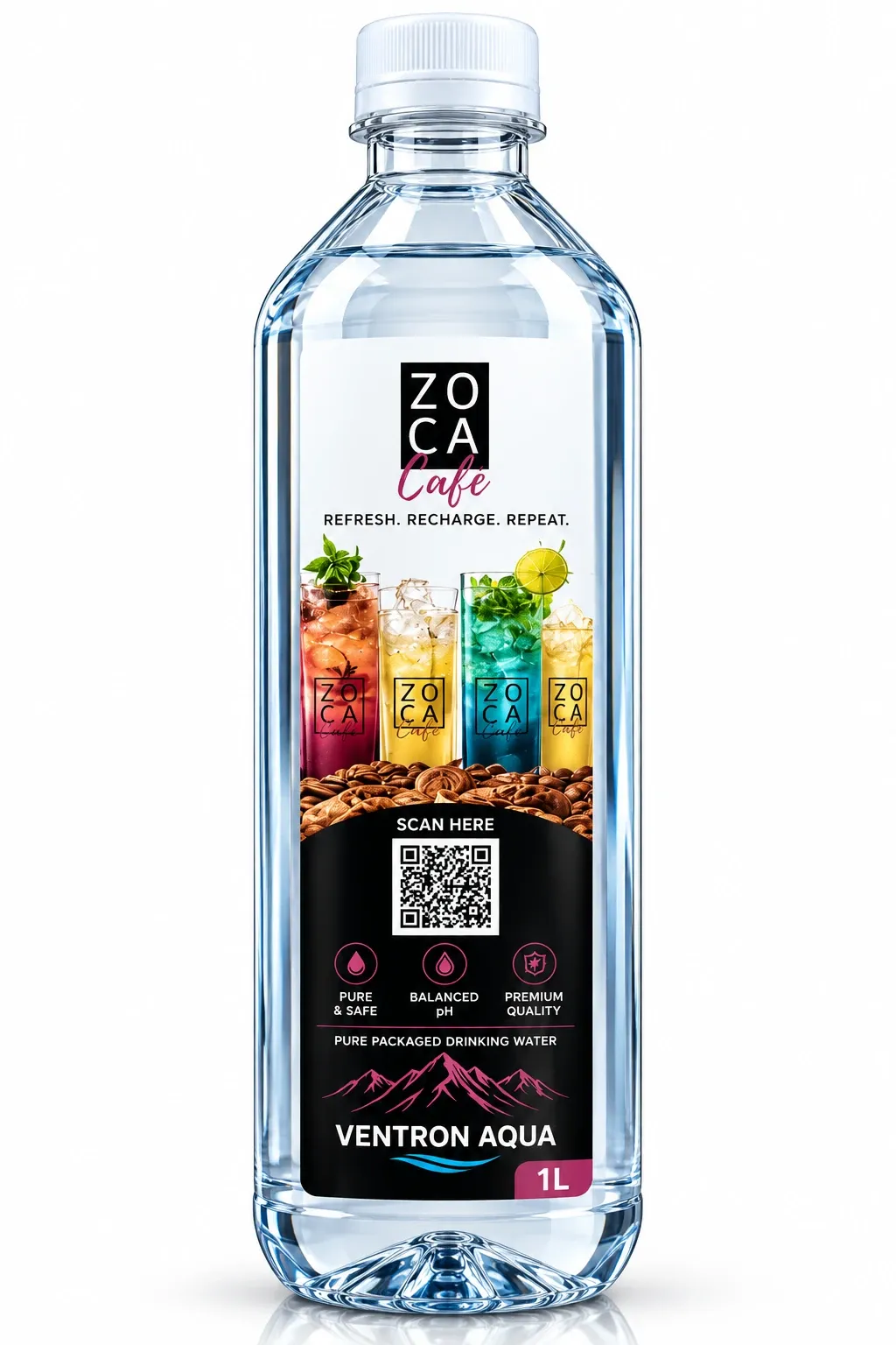 Zoca Café branded 1 litre water bottles with black and white label